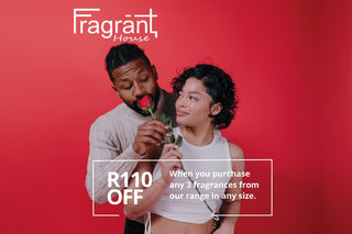 Promotional advertisement for Fragrant House with a couple on a red background, offering a discount on fragrance purchases.